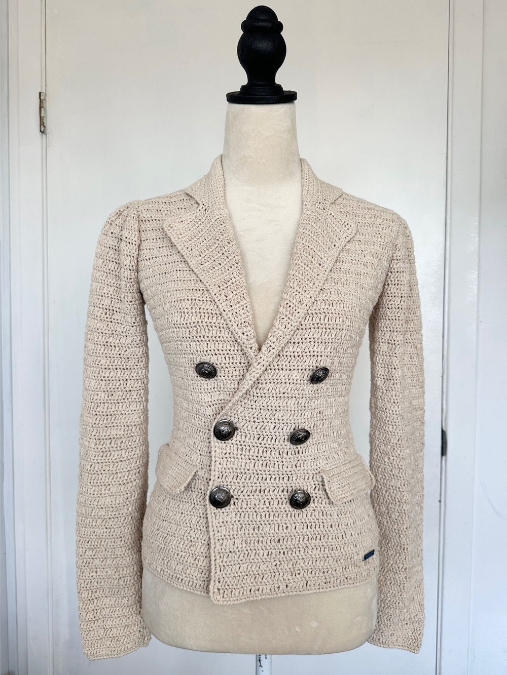 Burberry Black Label Crochet Knit Blazer Jacket Linen Cotton Beige Size 38